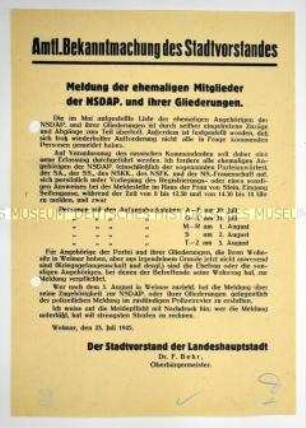 Amtliche Bekanntmachung des Stadtvorstandes von Weimar zur Meldepflicht aller ehemaligen Mitglieder der NSDAP und ihrer Gliederungen