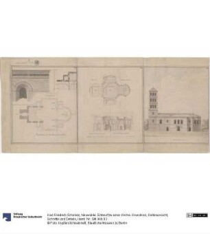 Neuwalde. Entwurf zu einer Kirche. Grundriss, Seitenansicht, Schnitte und Details