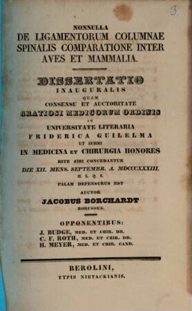 Nonnulla de ligamentorum columnae spinalis comparatione inter aves et mammalia : Diss. inaug.