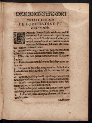 Theses Ethicae De Fortitudine Et eius obiectis.