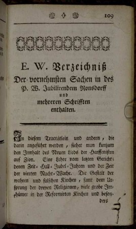 E. W. Verzeichniß Der vornehmsten Sachen in des P. W. Jubilirendem Ronsdorff und mehreren Schrifften enthalten.