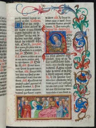 Bas-de-page-Miniatur: Marientod; historisierte Initiale: H(odie gloriosa), Christus; Rankenbordüre