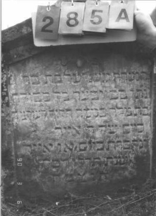 Grabstein 285 (Index: 99609009) Material: Sandstein Zustand: leicht verwittert Maße HxBxT: 89x69x11 cm Beschreibung: Stele, geschweifter Giebel, Schriftfeld eingetieft in gleicher Form Besonderheit: Foto 285A unscharf: Grabstein 285A
