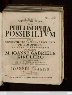 Dispvtatio Prima De Philosophia Possibilivm