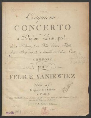 Cinquieme Concerto à Violon Principal, deux Violons, deux Alto, Basse, Flûte, deux Bassons, deux hautbois et deux Cors,
