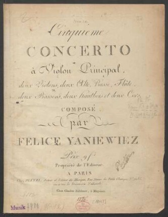 Cinquieme Concerto à Violon Principal, deux Violons, deux Alto, Basse, Flûte, deux Bassons, deux hautbois et deux Cors,