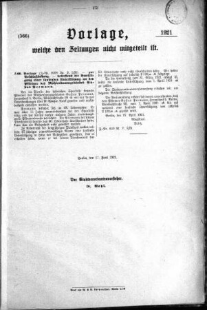 Anlagen: (566), Vorlagen, welche den Zeitungen nich mitgeteilt sind, 17. Juni 1921