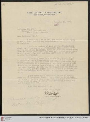 Briefe von Frank Schlesinger an Max Wolf: Brief von Frank Schlesinger von Yale University. Observatory an Max Wolf