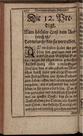 Die 12. Predigt. Mein höchster Trost dein Auffarth ist/ Todesfurcht kan sie vertreiben