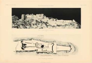 Hohkönigsburg im Elsass, Oschweiler Wiederherstellung: Zustand vorm Wiederaufbau: Perspektivische Ansicht von Süden, Grundriss EG 1:1000 (aus: Atlas zur Zeitschrift für Bauwesen, hrsg. v. Ministerium der öffentlichen Arbeiten, Jg. 51, 1901)
