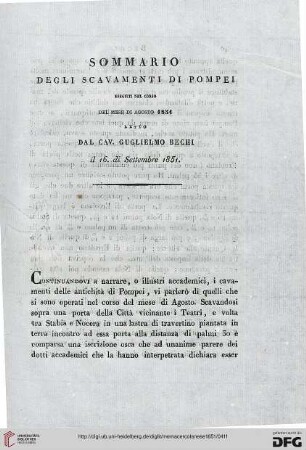 7: Sommario degli scavamenti di Pompei : eseguiti nel corso del mese di Agosto 1851