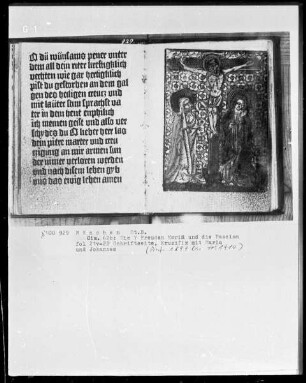 Die Leiden Christi und die sieben Freuden Mariä. — Christus am Kreuz zwischen Maria und Johannes, Folio 22 recto