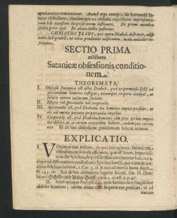 Sectio Prima exhibens Satanicae obsessionis conditionem.