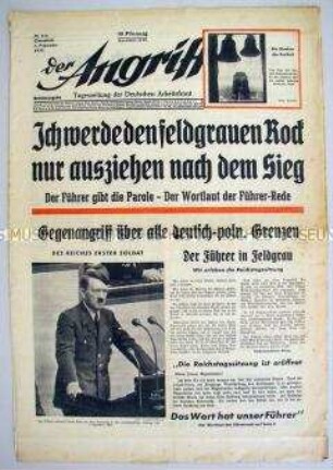 Tageszeitung "Der Angriff" mit dem Wortlaut der Rede Hitlers zum Beginn des 2. Weltkrieges mit dem Einmarsch der Wehrmacht in Polen