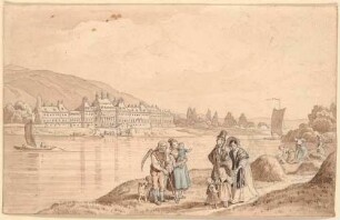 Schloss Pillnitz. Vorzeichnung zu: Johann Sporschil: Wanderungen durch die Sächsische Schweiz, Leipzig 1840, aus der Reihe: Das malerische und romantische Deutschland, Leipzig (Georg Wigand) 1837-1841