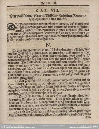 CAP. VIII. Von Pallisaden/ Sturm-Pfählen/ Frisischen Reutern/ Schlagbäumen/ und anderm.