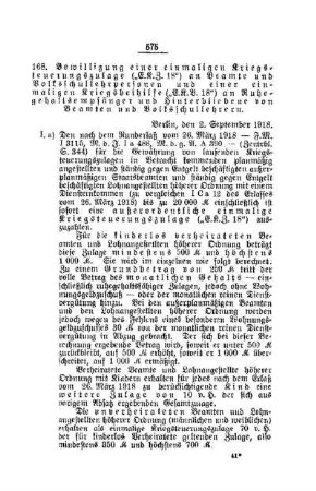 Bewilligung einer einmaligen Kriegsteuerungszulage ("E.K.Z. 18") an Beamte und Volksschullehrpersonen und einer einmaligen Kriegsbeihilfe ("E.K.B. 18") an Ruhegehaltsempfänger und Hinterbliebene von Beamten und Volksschullehrern : [A. Behörden und Beamte]