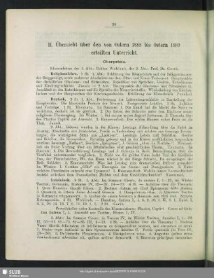 II. Übersicht über den von Ostern 1888 bis Ostern 1889 erteilten Unterricht