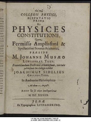 Collegii Physici, Disputatio Prima De Physices Constitutione