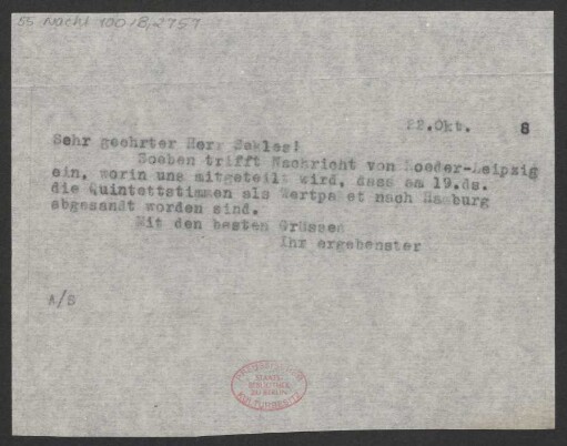 Brief an Bernhard Sekles : 22.10.1918