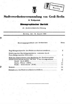 Nr. 24, 14. August 1949, Außerordentliche Sitzung