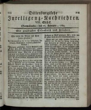 VIII. Stück. Sonnabends: den 21. Februar, 1784.