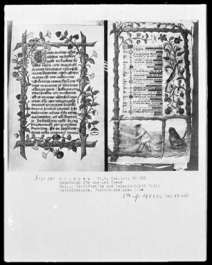 Lateinisches Gebetbuch mit Kalendarium — Kalenderseite Juli mit Tierkreiszeichen und Monatsbild