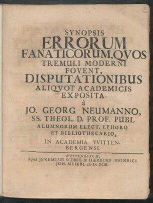 Synopsis Errorum Fanaticorum, Quos Tremuli Moderni Fovent