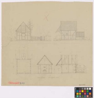 Sudenfeld ([Landkreis Iburg]): Halberbe Kriege. Backhaus (Giebel-Ansicht, Seiten-Ansicht, Grundriss, Querschnitt, Längsschnitt)