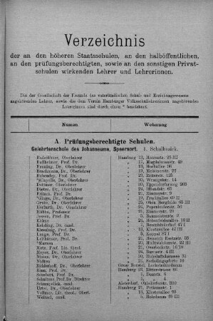 Verzeichnis der den höheren Staatsschulen, an den halböffentlichen, an den prüfungsberechtigten, sowie an den sonstigen Privatschulen wirkenden Lehrer/-innen