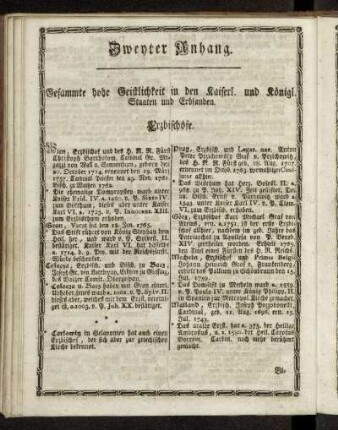 Zweyter Anhang. Gesammte hohe Geistlichkeit in den kaiserl. und königl. Staaten und Erblanden.