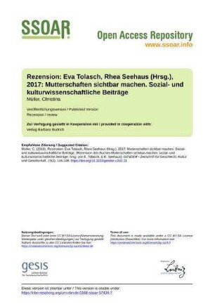 Rezension: Eva Tolasch, Rhea Seehaus (Hrsg.), 2017: Mutterschaften sichtbar machen. Sozial- und kulturwissenschaftliche Beiträge