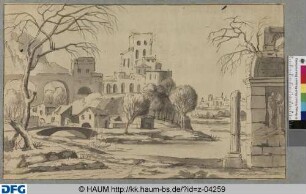 Ruinenlandschaft mit Gebäudegruppe auf einem Hügel von einem Fluss umgeben