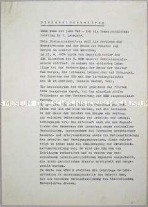 Maschinenschriftliches Manuskript des Diskussionsbeitrages eines Lehrlings auf einer Neuerer-Konferenz
