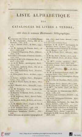 Liste alphabétique des catalogues de livres à vendre