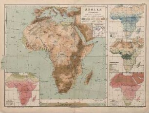 Afrika (Physikalisch.), Regenkarte, Vegetations-Gebiete, Januar-Isothermen, Juli-Isothermen