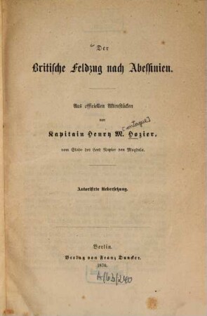 Der britische Feldzug nach Abessinien : Aus offiziellen Aktenstücken
