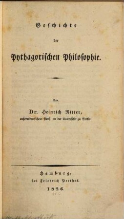 Geschichte de Pythagoreischen Philosophie