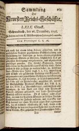 LXIX. Stuck. Schwabach, den 26. December, 1756.