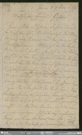 Eigenh. Brief von August Wilhelm von Schlegel an Georg Joachim Göschen, Jena, 07.11.1796