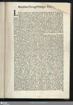 Monsieur George Philippe Telem[ann] [Widmung französisch]