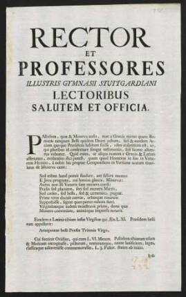 Rector Et Professores Illustris Gymnasii Stuttgardiani Lectoribus Salutem Et Officia