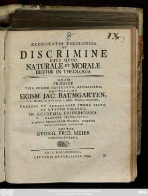 Exercitatio Theologica De Discrimine Ejus Quod Naturale Et Morale Dicitur In Theologia