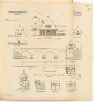 Straßenbrücke mit Wärterhaus Monatskonkurrenz März 1913: Brücke: (halber) Grundriss, Aufriss Seitenansicht 1:200; Wärterhaus: Grundriss Keller, Erdgeschoss, unterstes Treppengeschoss, Dachgeschoss, Aufriss Flussseite, Uferstraßenseite; Querschnitt 1:200; Aufriss Brückenseite 1:100; 2 Maßstabsleisten