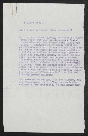 Brief von Gerhart Hauptmann an Stefan Großmann