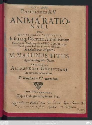 Positiones XV De Anima Rationali