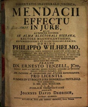 Dissertatio Inauguralis Iuridica, De Mendacii Effectu In Iure