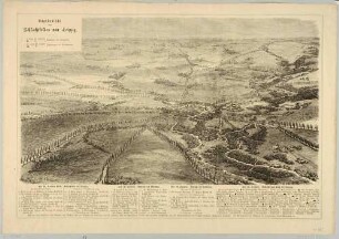 Das Schlachtfeld der Völkerschlacht mit Leipzig und Umgebung aus der Vogelperspektive mit eingetragenen Truppenbewegungen und Legende anläßlich des 50-jährigen Jahrestages, aus der Gartenlaube von 1863