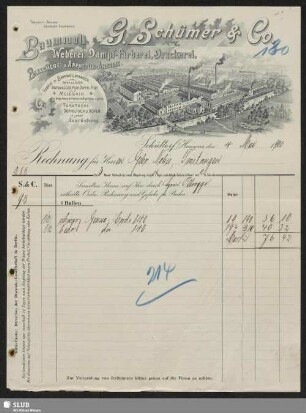 G. Schümer & Co., Baumwoll-Weberei, Dampf-Färberei, Druckerei, Bleicherei u. Appretur-Anstalt, Schüttorf i/Hannover : Rechnung