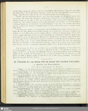 II. Übersicht des von Ostern 1891 bis Ostern 1892 erteilten Unterrichts